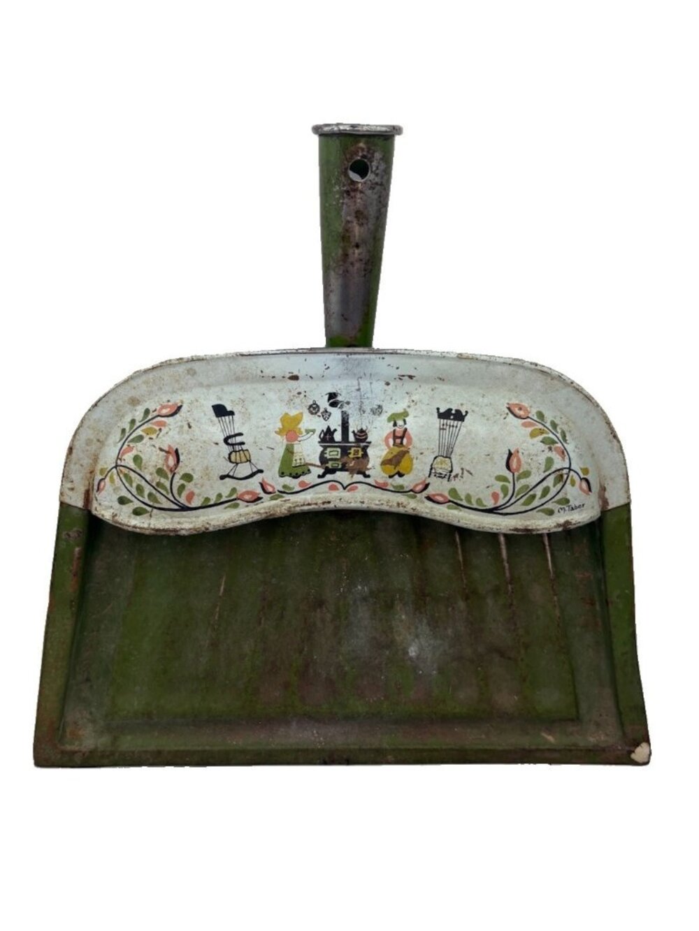 -Vtg Metal Dustpan M Taber Dutch Amish Folk Design JV Reed Cottagecore Country